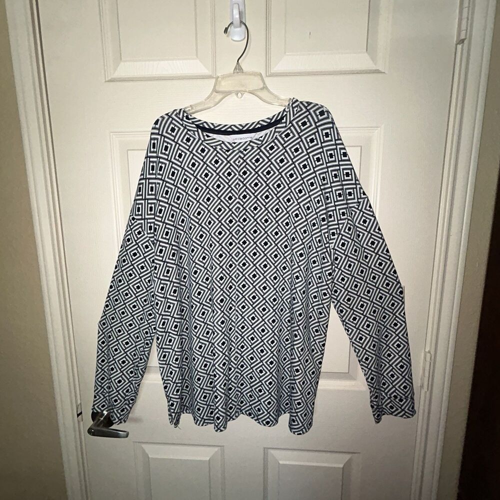 Liz Claiborne Women’s XXL Navy White Geometric Long Sleeve Stretch Blouse